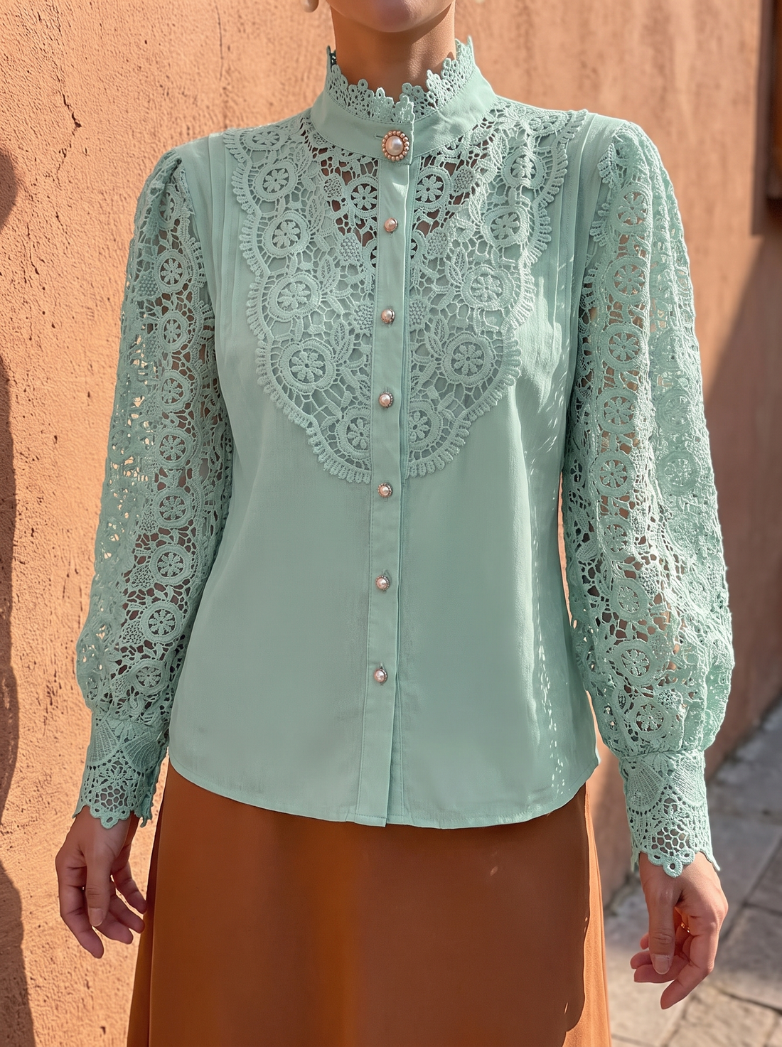 Avery Floral Lace Blouse in Green - front view