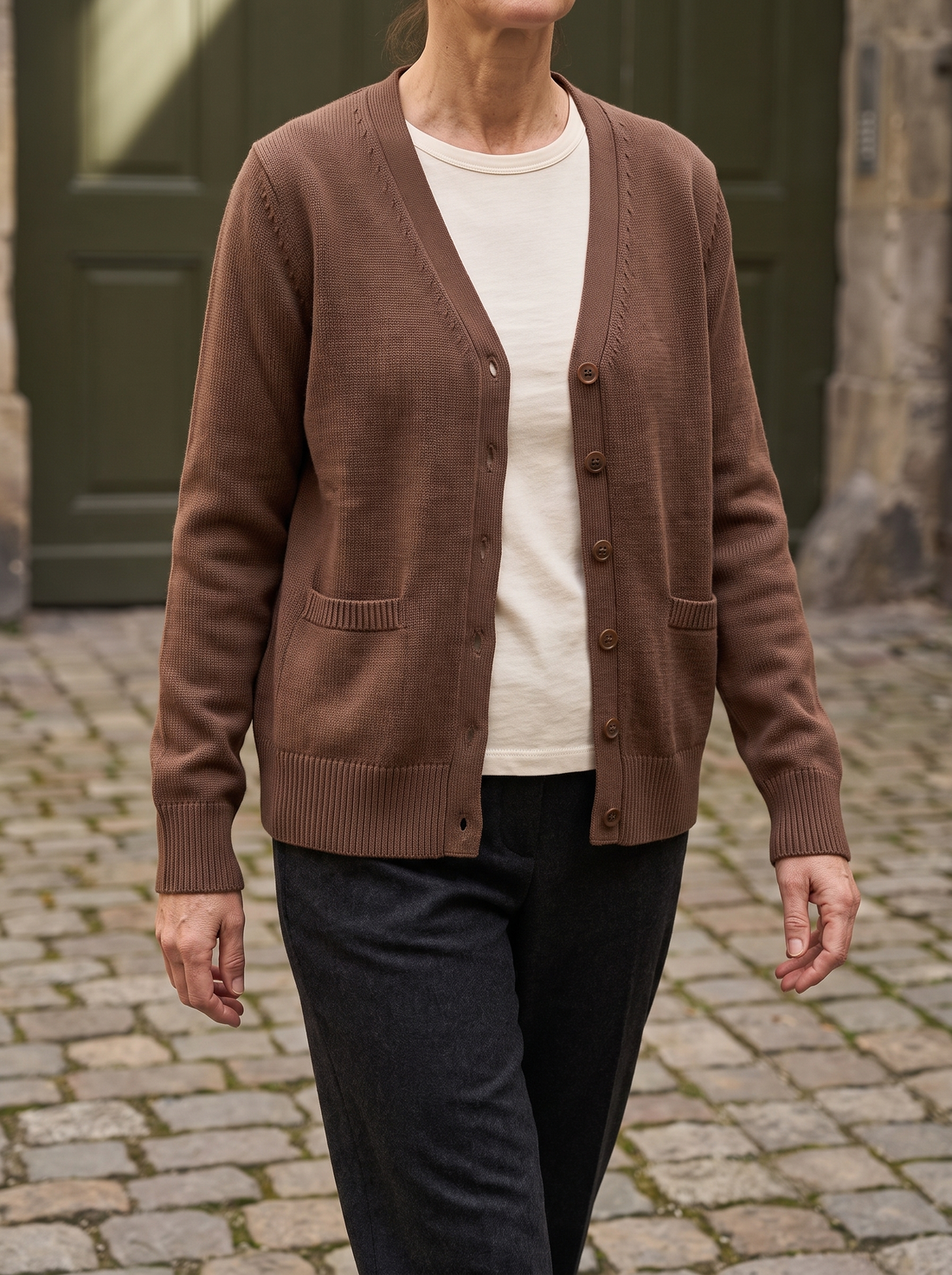 Thea Cotton V-Neck Pocket Cardigan in Chocolate - front view
