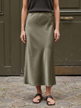 Arden Satin Midi Skirt in Army Green - front view