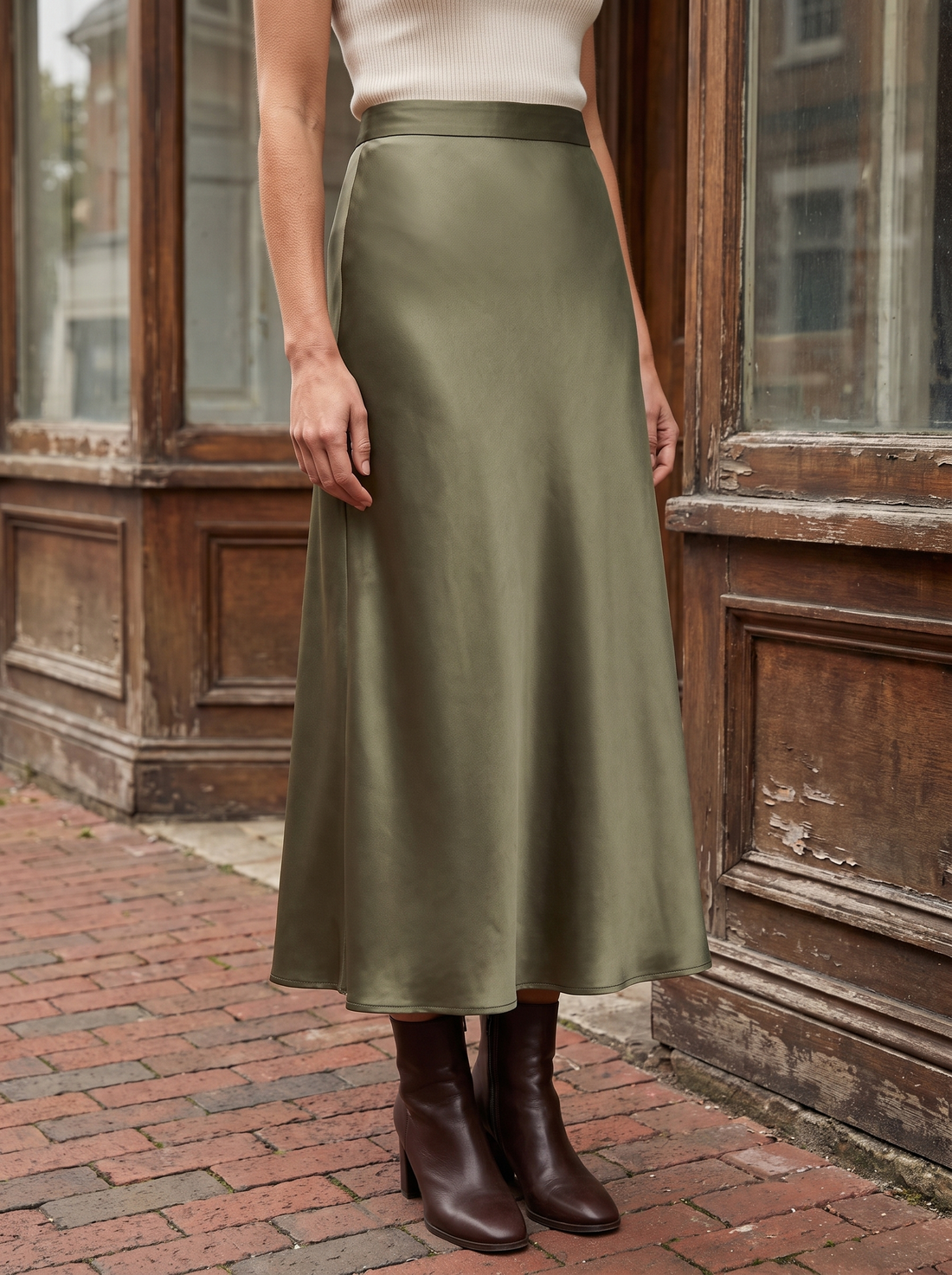 Arden Satin Midi Skirt in Army Green - alternate view
