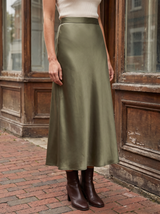 Arden Satin Midi Skirt in Army Green - alternate view