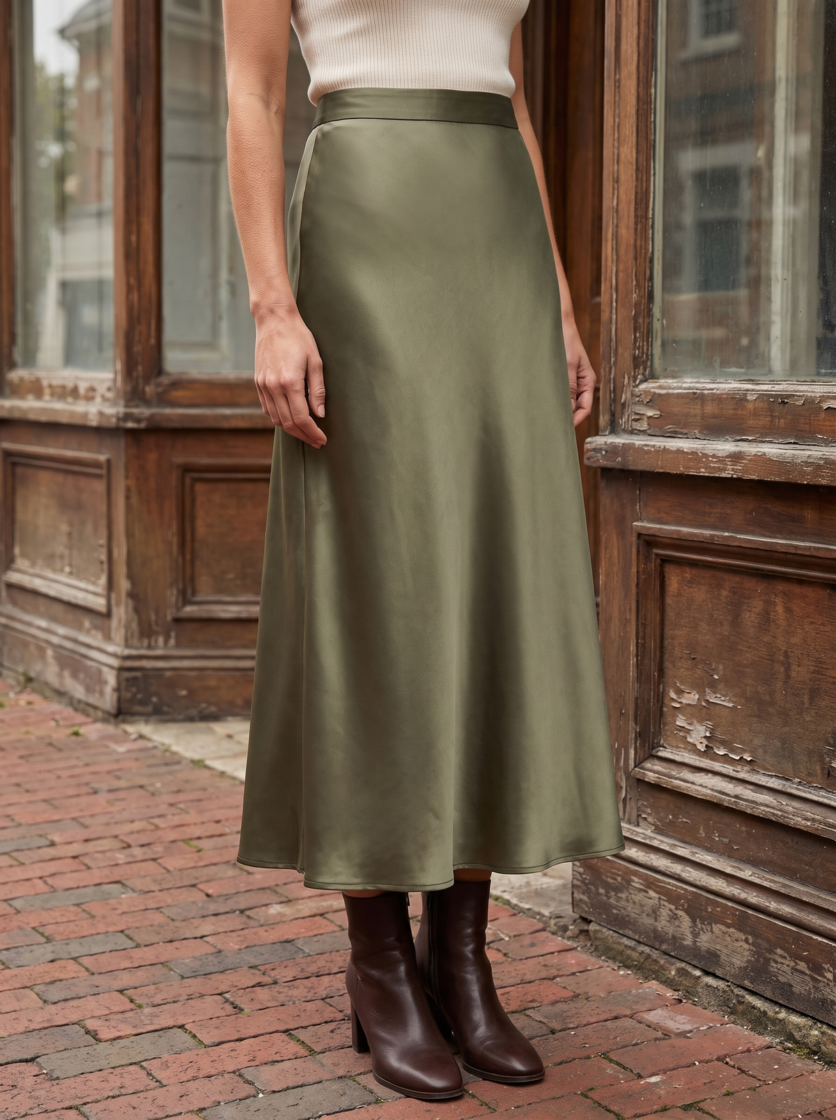 Arden Satin Midi Skirt in Army Green - alternate view