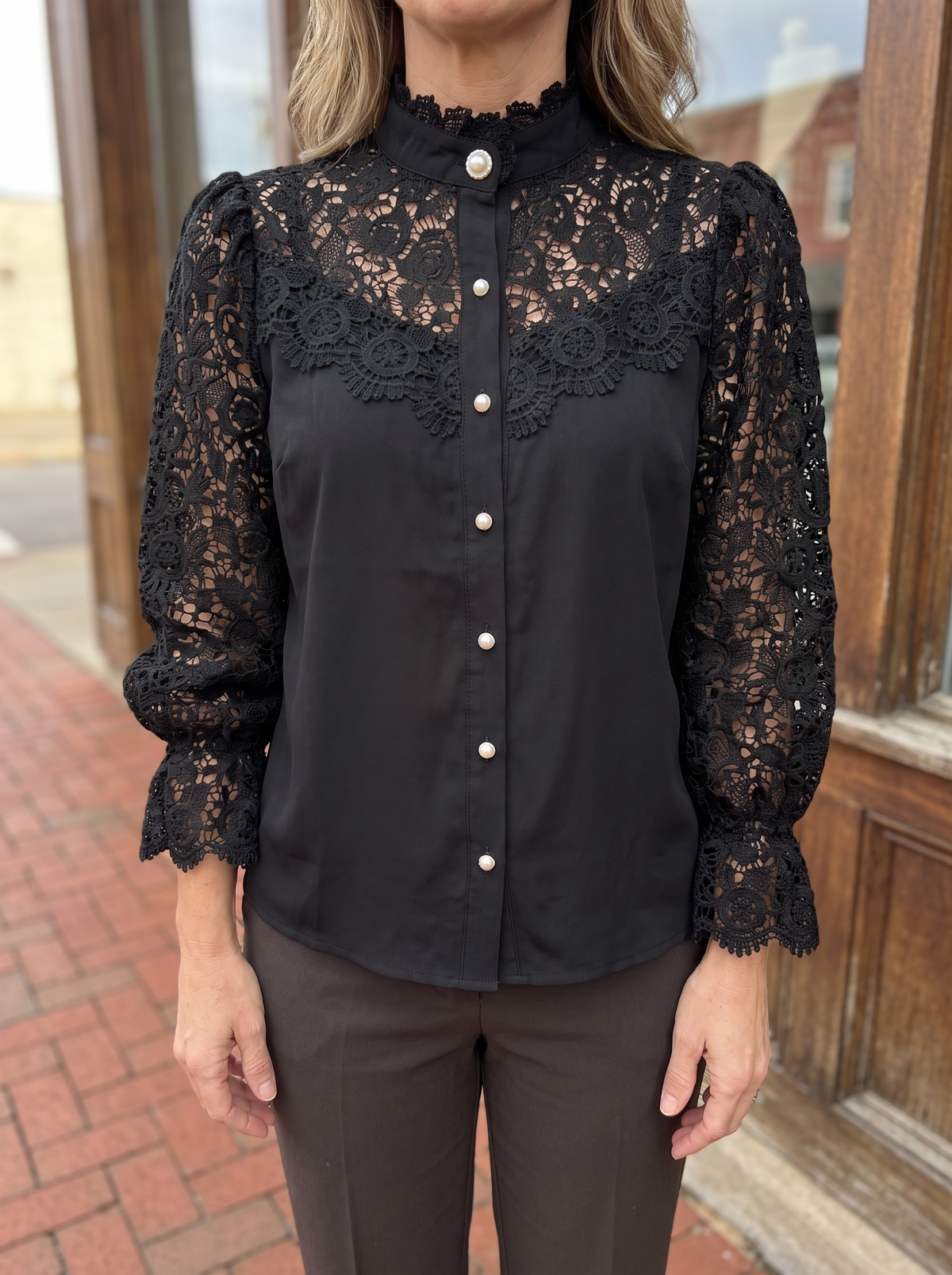 Avery Floral Lace Blouse in Black - front view