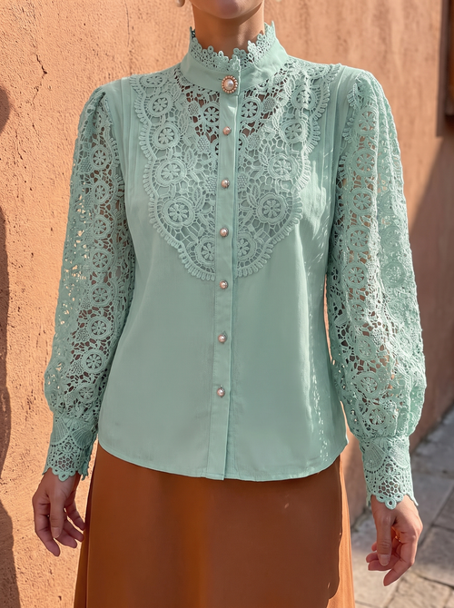 Avery Floral Lace Blouse in Green - front view