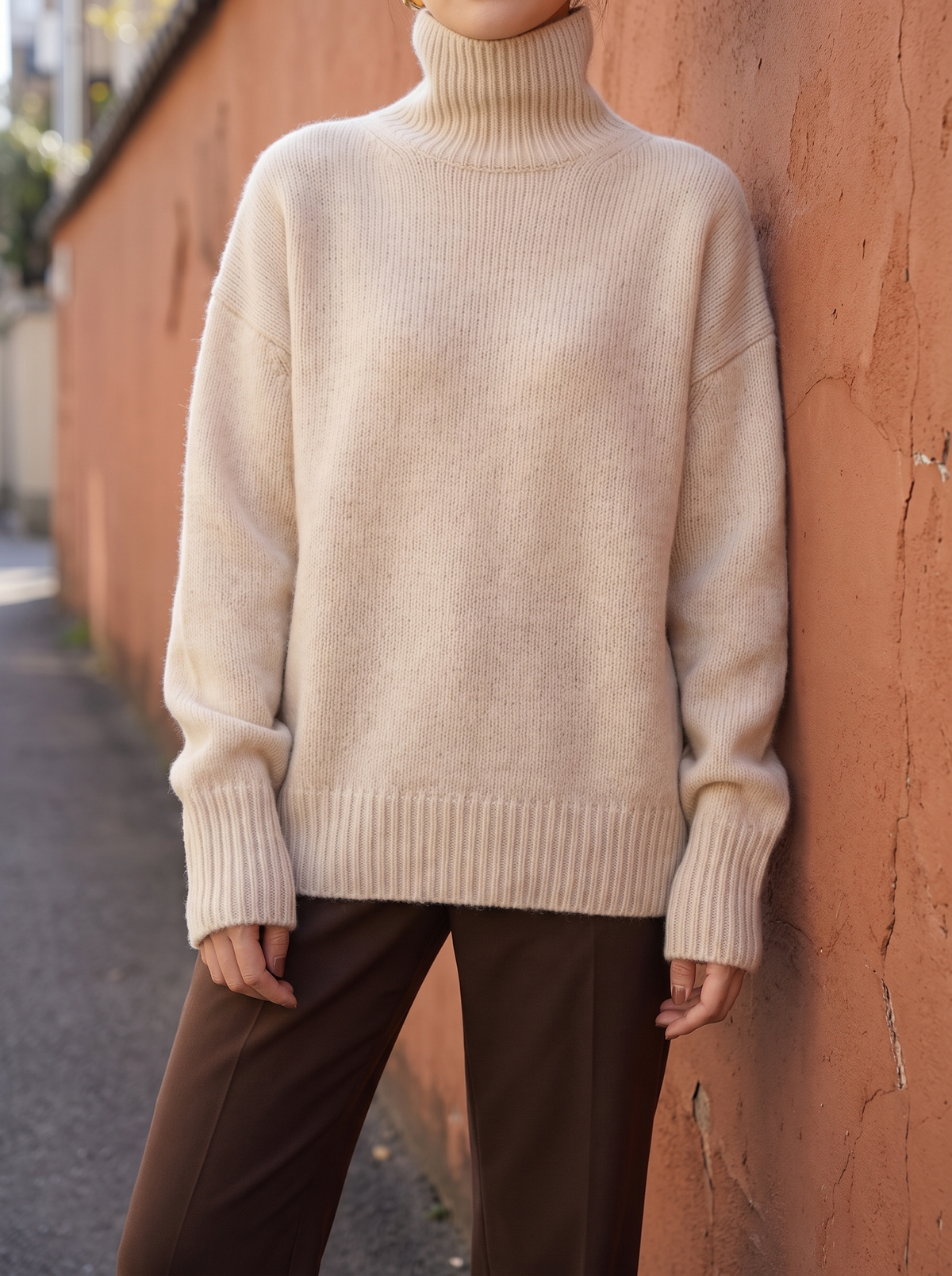 Blake Relaxed Turtleneck Sweater in Beige - front view