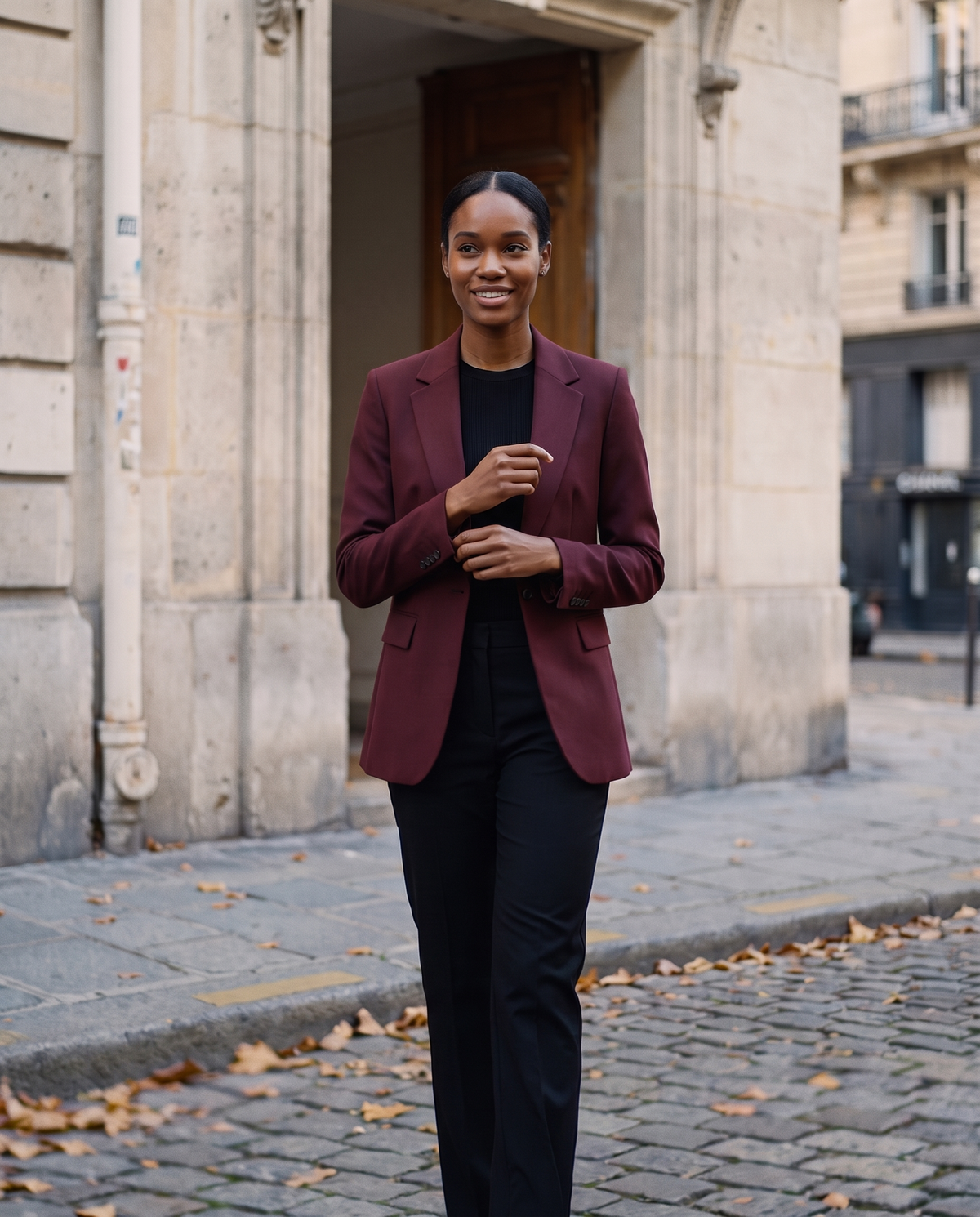 Lily Monroe autumn campaign model in a burgundy blazer
