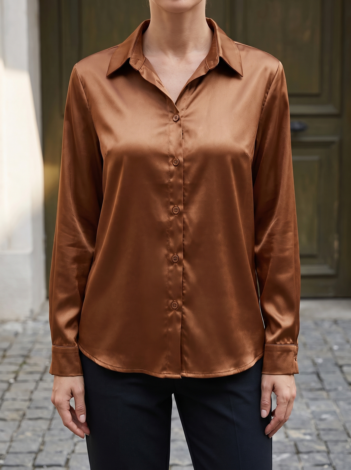 Noelle Satin Button-Front Blouse in Coffee - front view