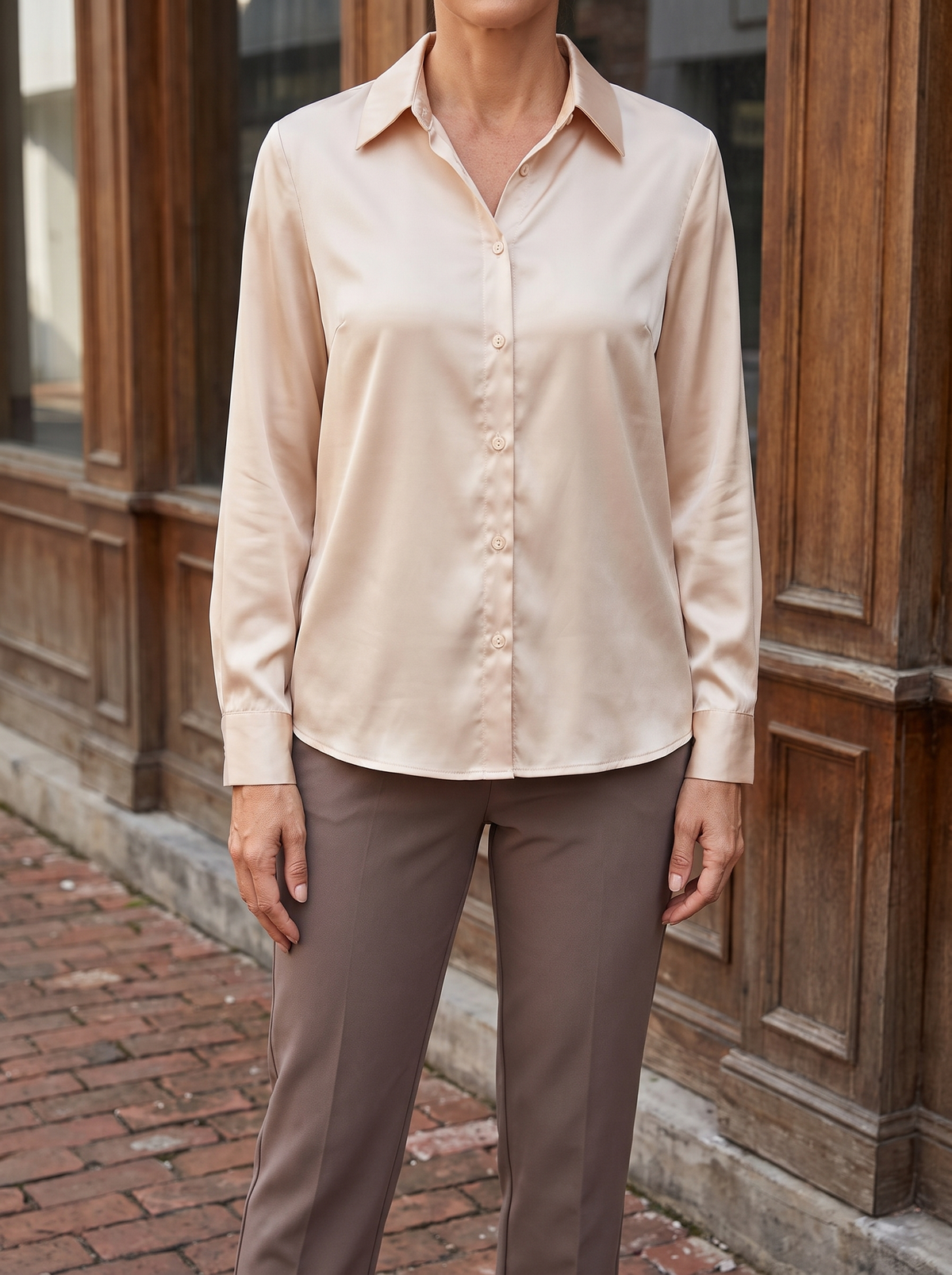Noelle Satin Button-Front Blouse in Beige - front view