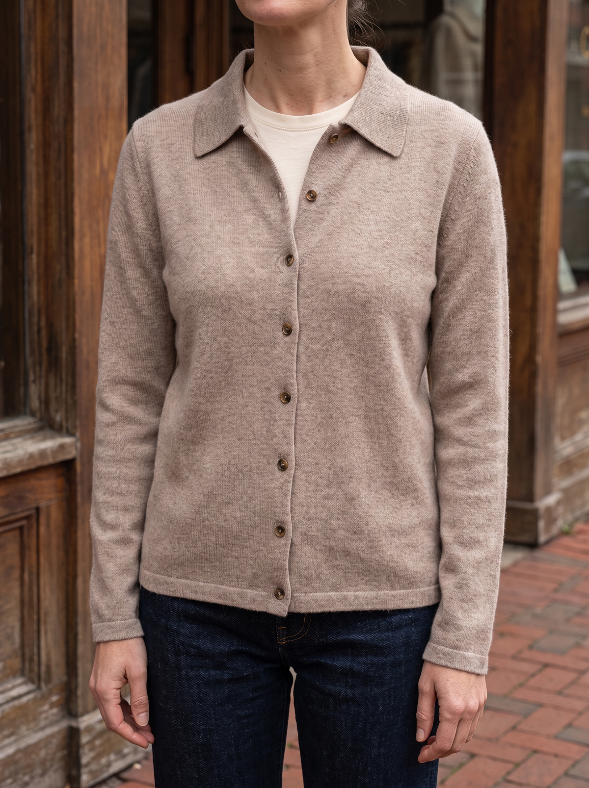 Quinn Collared Knit Cardigan in Khaki - front view