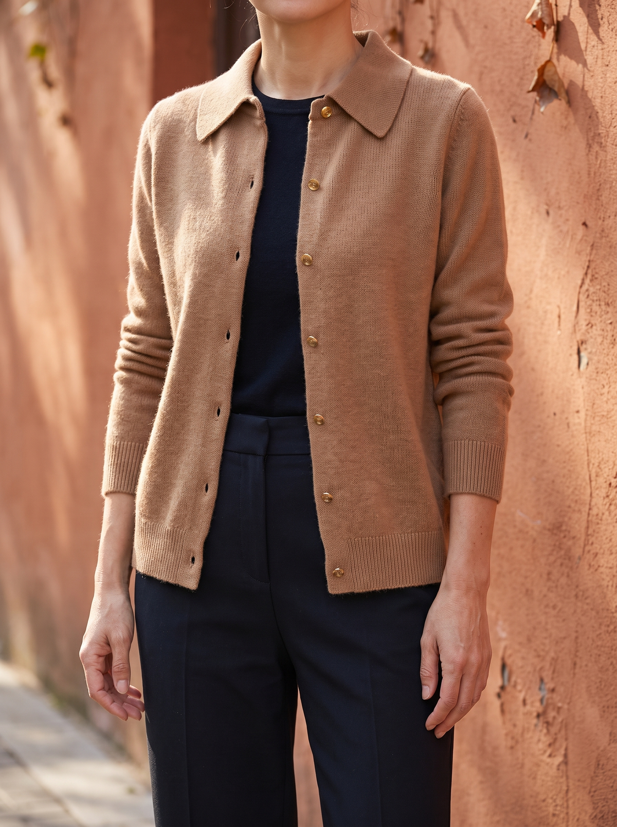 Quinn Collared Knit Cardigan in Camel - front view