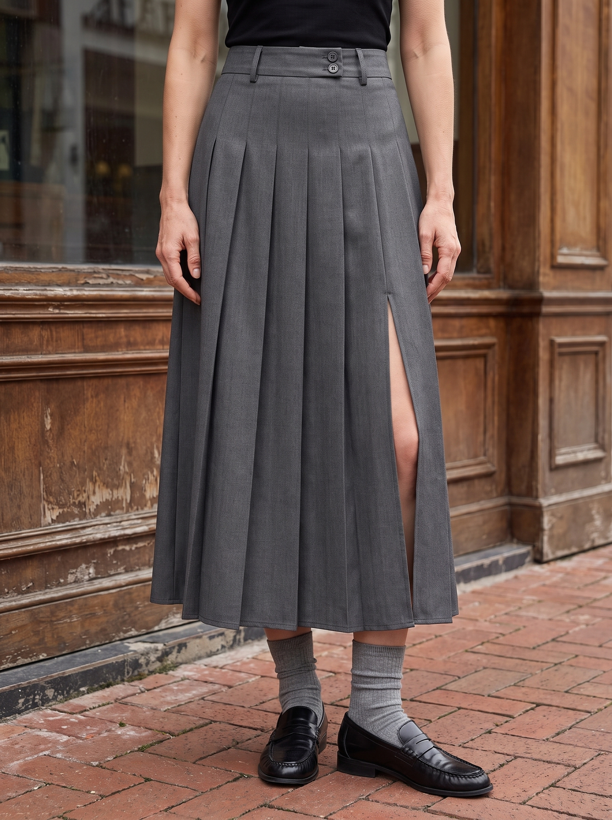 Reya Pleated Slit Midi Skirt in Dark Gray - front view