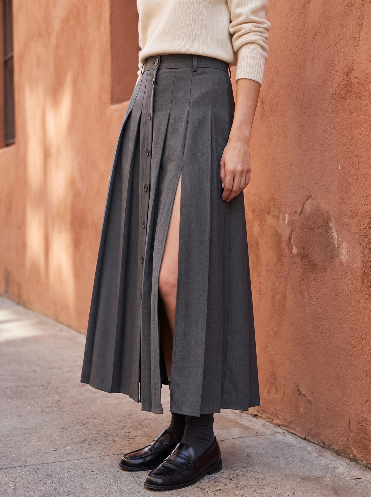 Reya Pleated Slit Midi Skirt in Dark Gray - alternate view