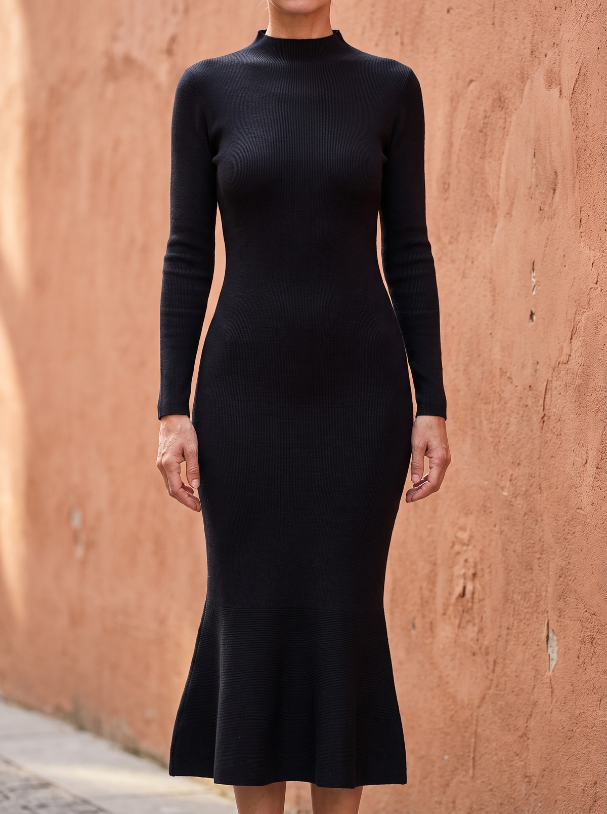 Sadie Mock-Neck Knit Midi Dress in Black - front view