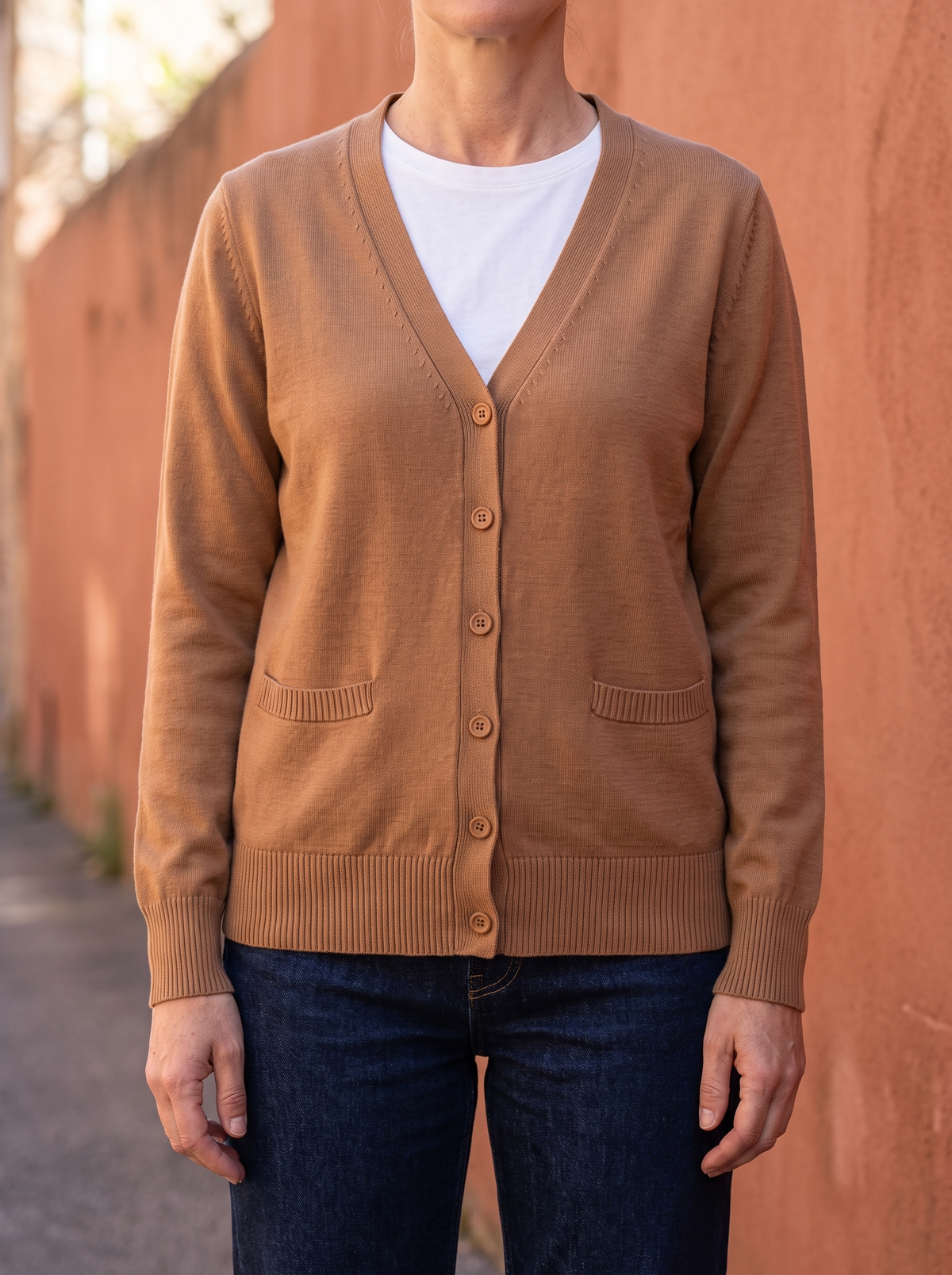 Thea Cotton V-Neck Pocket Cardigan in Camel - front view